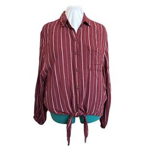 American Eagle Button Front Blouse  Women XL  Maroon with White Stripes Viscose